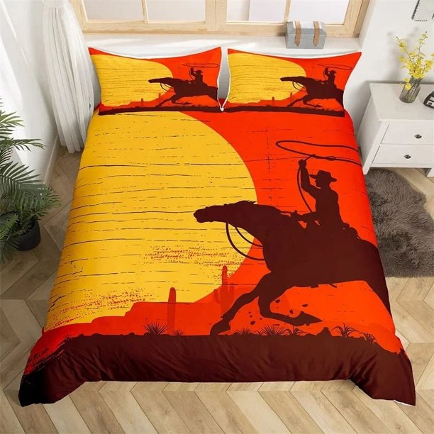 x2407 Bed SheetsWestern Cowboy Duvet Cover Set Wild West Themed Cowboy Bedding Set Microfiber Rodeo Cowboy Riding Horse Quilt Cover 3-Piece Bedding Set (1 Duvet Cover + 2 Pillow Shams) nj2407