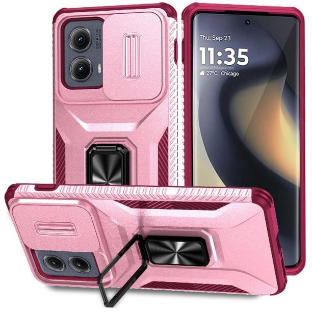 Funda Armada para Motorola edge 5G 2024 con Tapa Deslizante y Soporte Magnético Giratorio Rosa