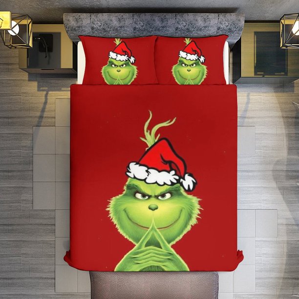 Grinch Christmas Hat 3 Piece Sets Full/Queen Size - Reversible Microfiber Quilts with 2 Shams Soft Lightweight Bedspread Coverlet Comforter for All Season Bed Sheets
