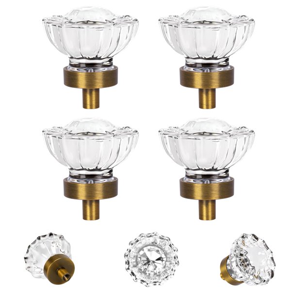 SHINY HANDLES Juego de 4 Tiradores de Cristal Vintage, Pomos de Cristal para Cajones, Gabinetes de Cocina y Armarios, Latón Antiguo