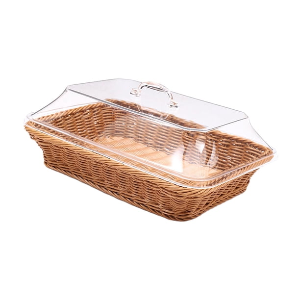 Cesta de pan tejida con tapa, cesta de frutas, cesta de comida rústica, cesta tejida de mimbre de imitación, bandeja para servir para comedor y hogar pequeño