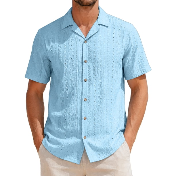 INSPIRE CHIC Camisa de Punto Hueco para Hombre de Manga Corta con Botones Textura Transpirable Camisas de Playa de Verano 2XL Azul