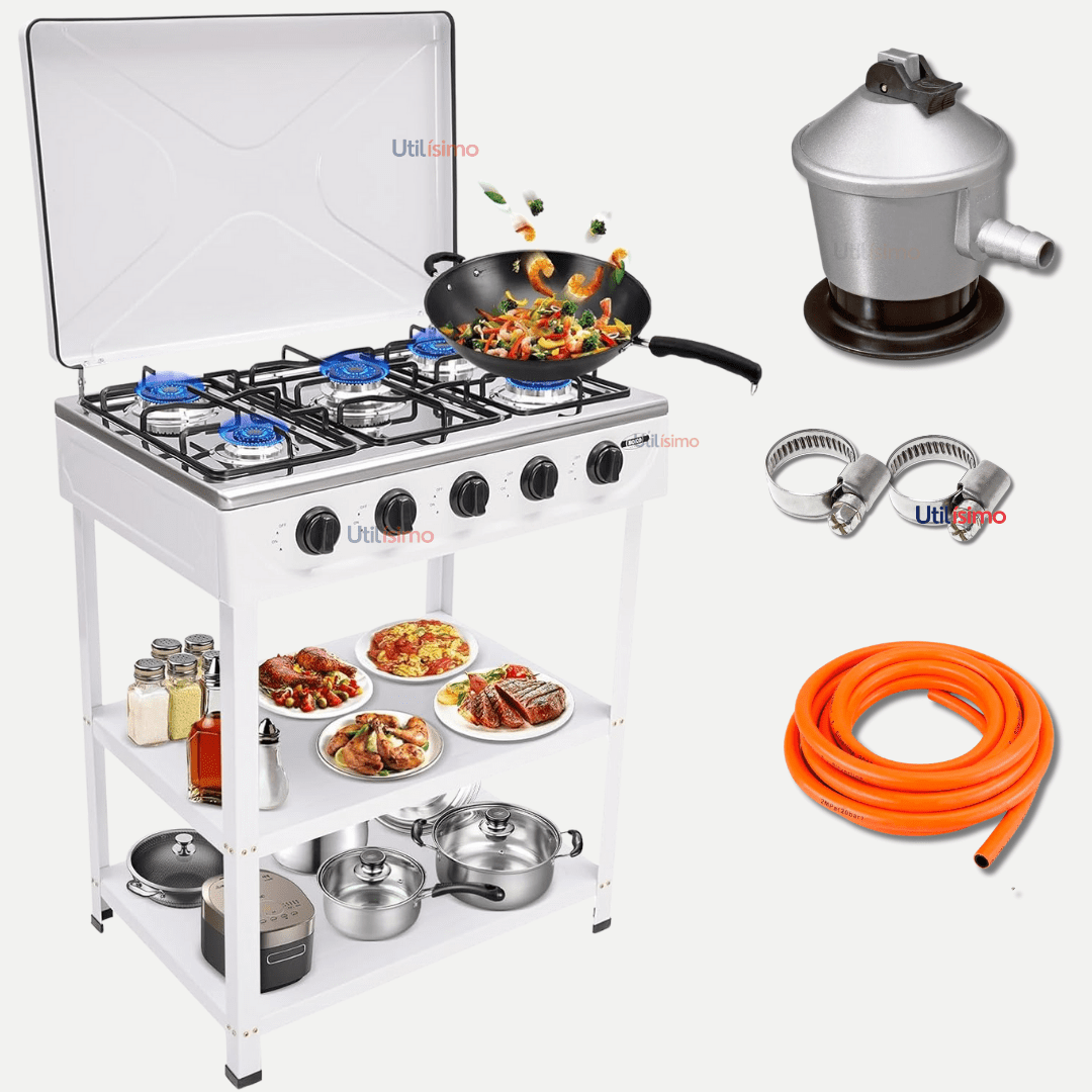 Line - Cocina Encimera Gas Licuado 5 Platos Con Mesa Blanco+kit De Instalación