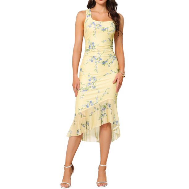 INSPIRE CHIC Vestido ajustado floral de verano para mujer sin mangas con cuello cuadrado y malla fruncida cola de pez XL Amarillo