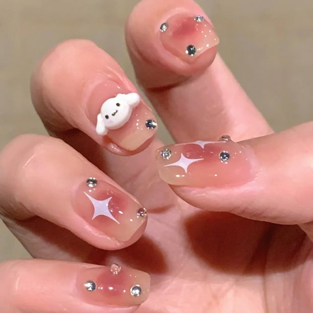 24 pcs Cute and Fun Jelly Pink Gel Nail Kit with Cartoon Dog and Stars Decals - Perfect for Manicures and Pedicures