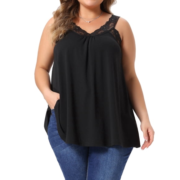 Agnes Orinda Camisola de Talla Grande para Mujer con Encaje en el Cuello en V, Tirantes Anchos, Fruncido en el Frente, Estilo Casual Flowy para Vacaciones en la Playa, Túnica en Línea A 2X Negro