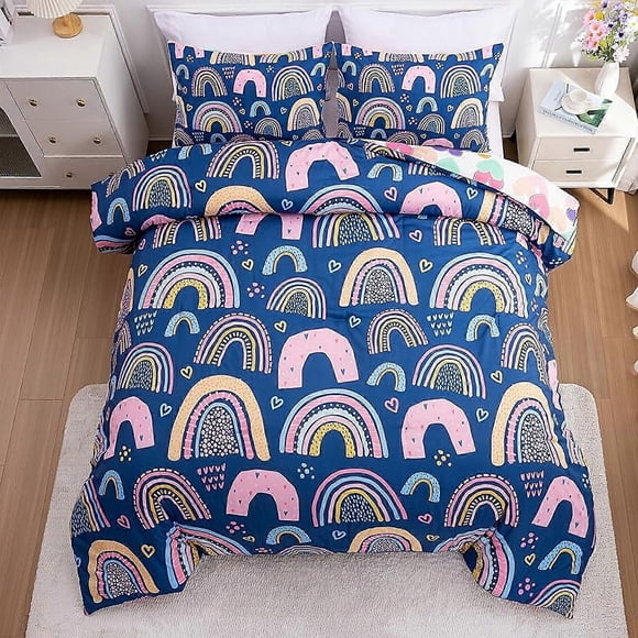 Lightwe-ight So-ft3 Piece R-ainbow Comfort-er Set with Pillo-w Covers, Cartoon Lo-ve Hear Suns -and Stars Bedding Set- for Gir Boy-s Kids