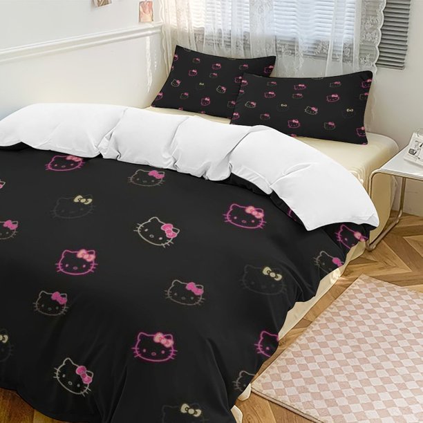 Cute Hello Kitty Thickened Three-piece Bed Set Cartoon Pillowcase Anime Quilt Cover Bedroom Hotel Theme House Vacation Home Holiday Anniversary Gift
