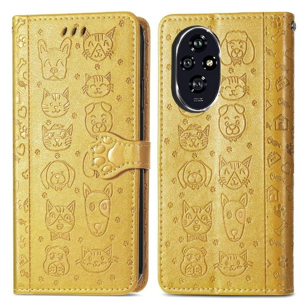 Funda Cartera FOXDOCK para Honor 200 , Flip PU con Relieve de Gatos y Perros, Tarjetero y Soporte