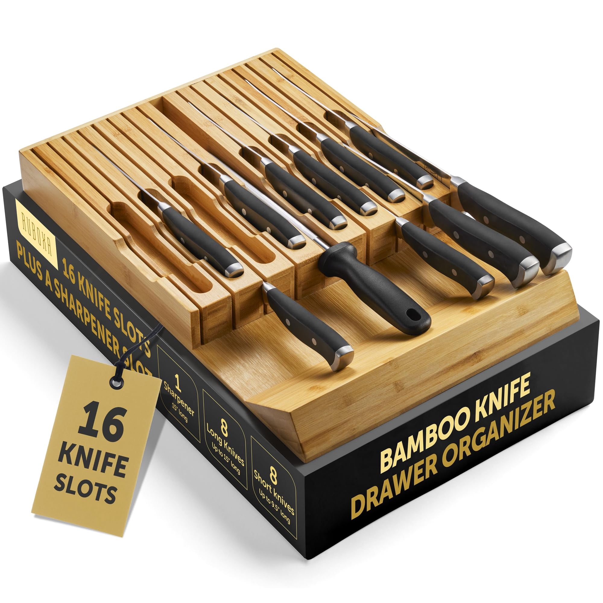 Organizador De Cajones Para Cuchillos Ruboxa De Alta Calidad, 100% Bambú