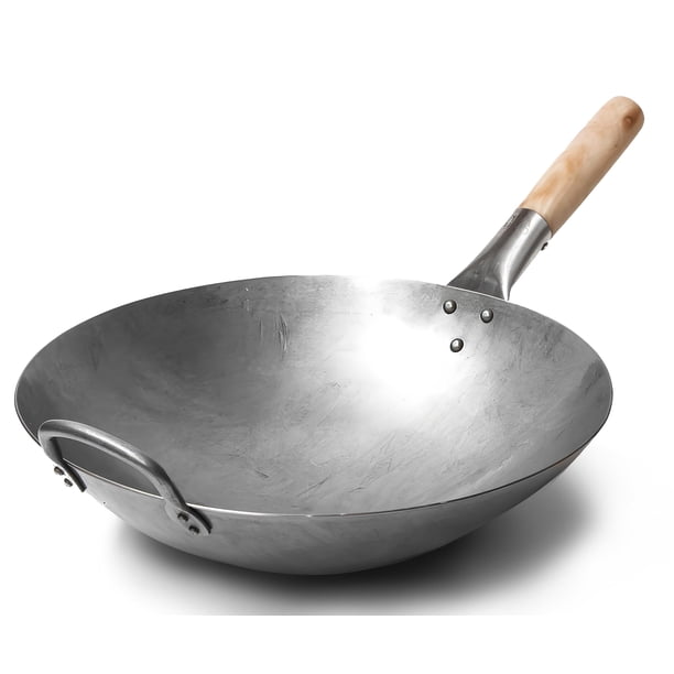 Wok Tradicional Chino de Acero al Carbono Martillado a Mano con Mango Principal de Madera y Mango Auxiliar de Acero (14 Pulgadas, Fondo Redondo) / 731W88
