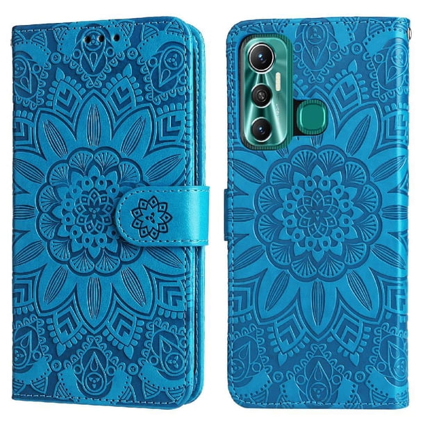 Funda tipo cartera FOXDOCK para Infinix Hot 11 , diseño girasol en relieve, cuero PU, cierre magnético, soporte y tarjetero