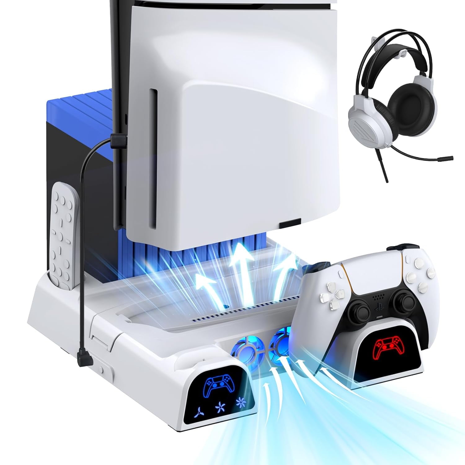 Genérico - Soporte De Refrigeración Para Ps5 Slim / Ps5 Con Controlador Estación De Carga Ps5 Accesorios Incluyen Ventilador De Refrigeración, Soporte Para Auriculares, 11 Ranuras De Juego - Blanco