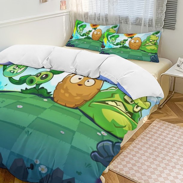 Plants Vs Zombies Quilt Set Thicken Soft 3 Pieces Bedding Set All Season Duvet Cove with 2 Pillowcases for Adult Women Girls Teens Home Room Decor