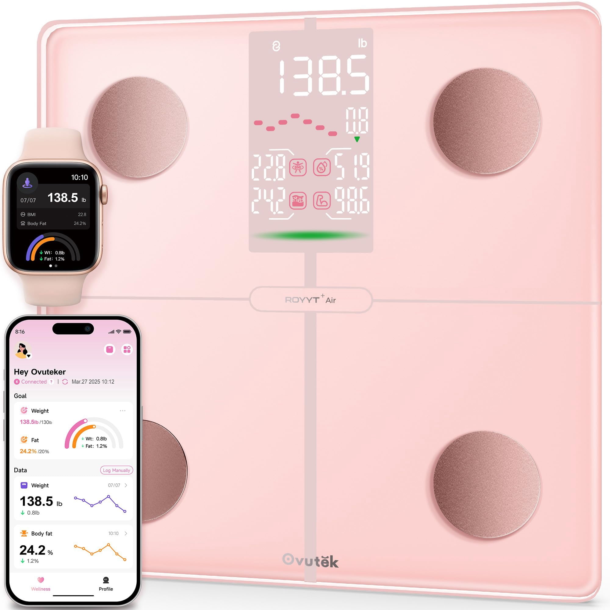 Báscula Inteligente Ovutek Para Peso Corporal Con Imc Y Grasa Corporal, Color Rosa