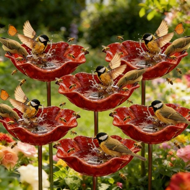 Estaca jardín flor metal hecha mano baño pájaros estación agua polinizadores exterior