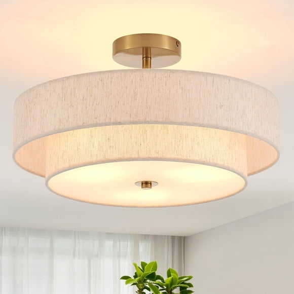 Lámpara de techo Widluth 46 cm dorada de 3 luces con doble tambor