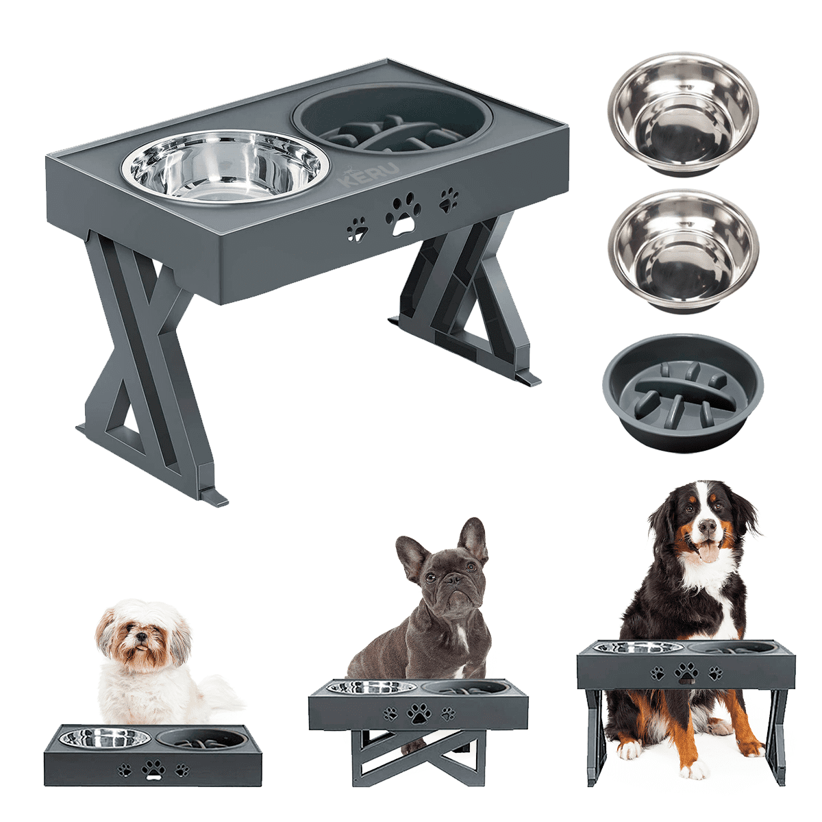 Keru - Comedero Y Bebedero Para Perros Altura Ajustable Gris- Plato Acero Y De Dificultad