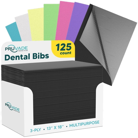 Baberos dentales desechables Pruvade, paquete de 125 unidades, 3 capas, negros