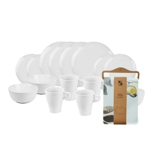 Decoexpress - Set Juego De Loza Cerámica 16 Piezas Vajilla Blanca Y Mantel Antimanchas Pajaros 130X180 Blanco