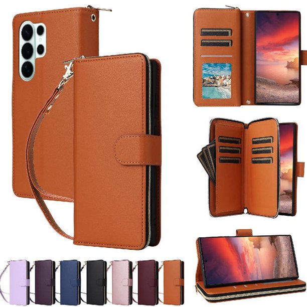 Funda Cartera con Cremallera y Correa para Samsung Galaxy S26 Ultra 5G Soporte y Tarjetero Marrón