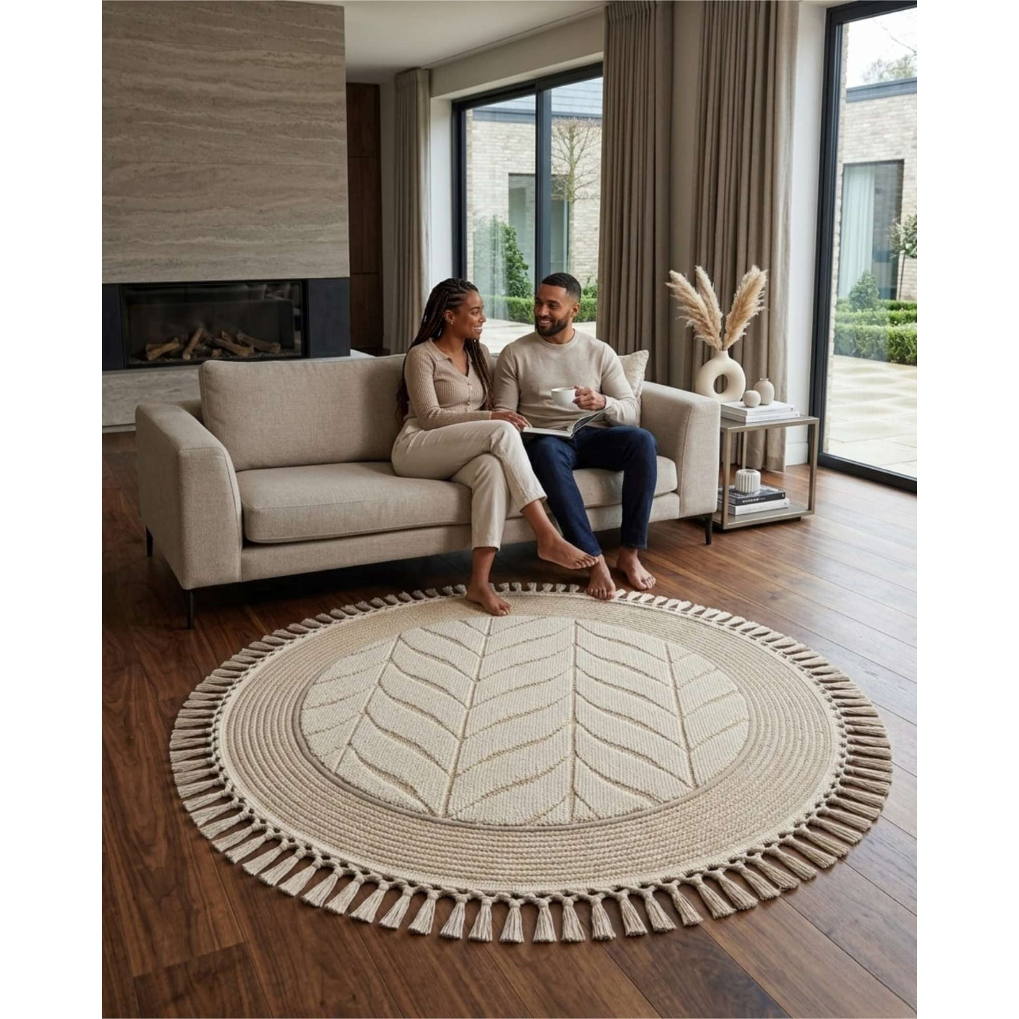 Mylhogar - Alfombra Redonda Boho Chic 1m - Textura Hojas Y Flecos