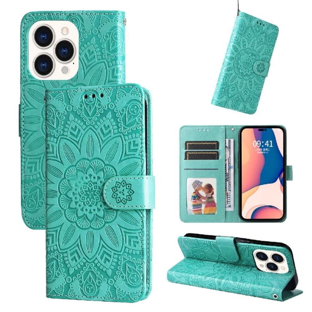 Funda tipo cartera FOXDOCK para iPhone 14 Pro , diseño girasol en relieve, cuero PU, cierre magnético, soporte y tarjetero
