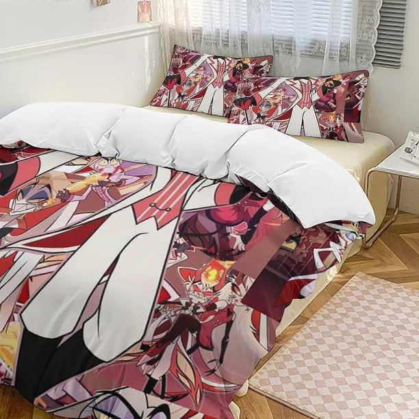 Juego de cama individual de 3 piezas de Hazbin Hotel - Incluye edredón y fundas de almohada individuales - Microfibra resistente a la decoloración - Hazbin Hotel Lc