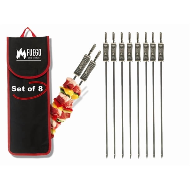 Pinchos Fuego para Parrilla - Cuchilla Plana de Acero Inoxidable de 17" (43,2 cm) con Deslizador | Reutilizables y Aptos para Lavavajillas | Pinchos para Barbacoa y Kebab | Juego de 8