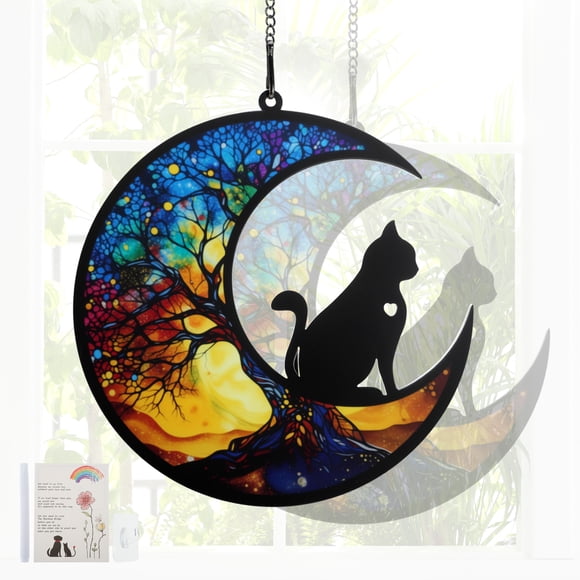 REGALWOVEN Regalos Conmemorativos para Gatos Diseño de Árbol de la Vida Captador de Sol de Gato Ángel con Tarjeta de Simpatía Regalo de Simpatía por la Pérdida de Gatos Colorido