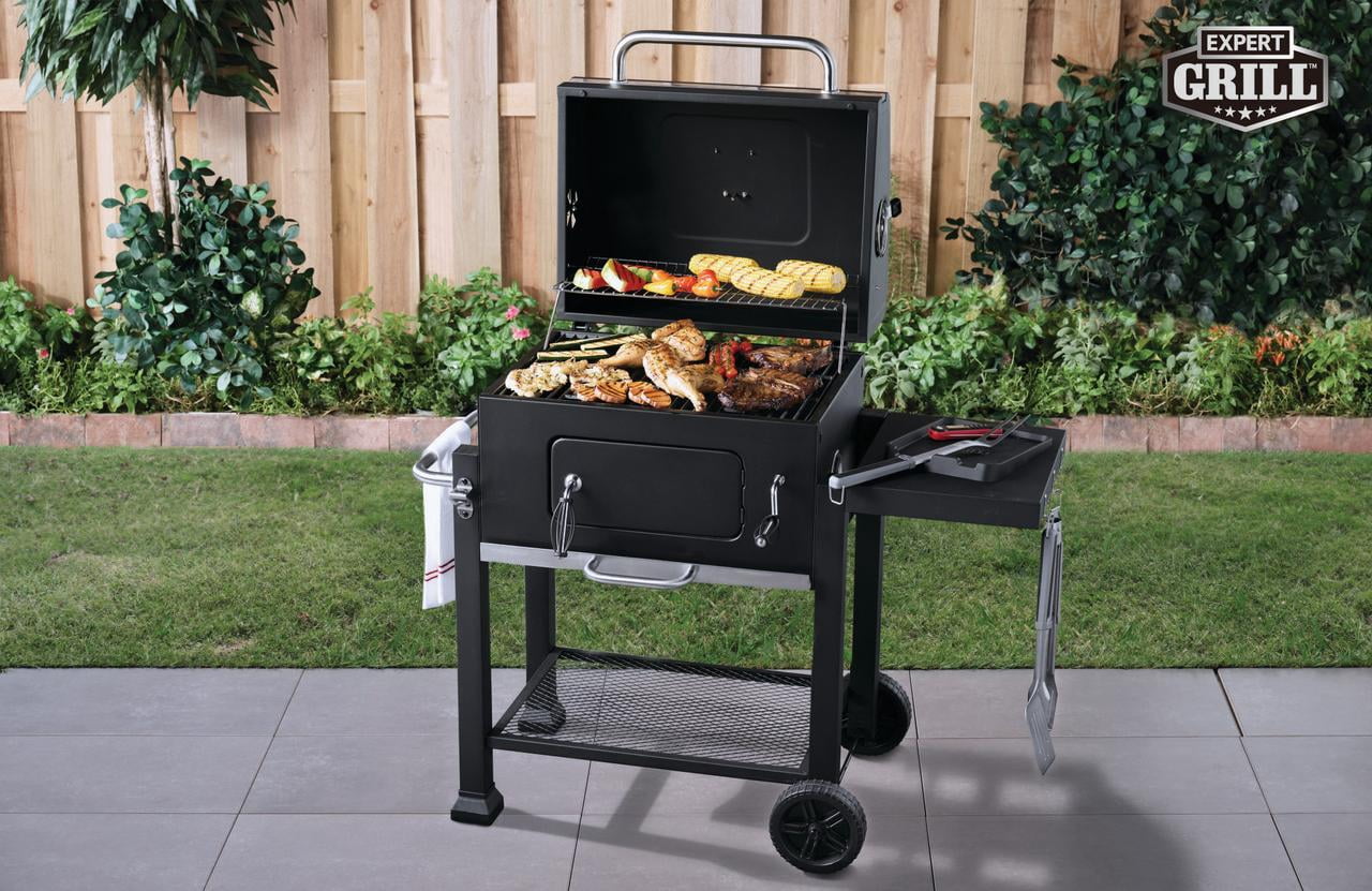 Parrilla a carbón con tapa y mesa lateral premium