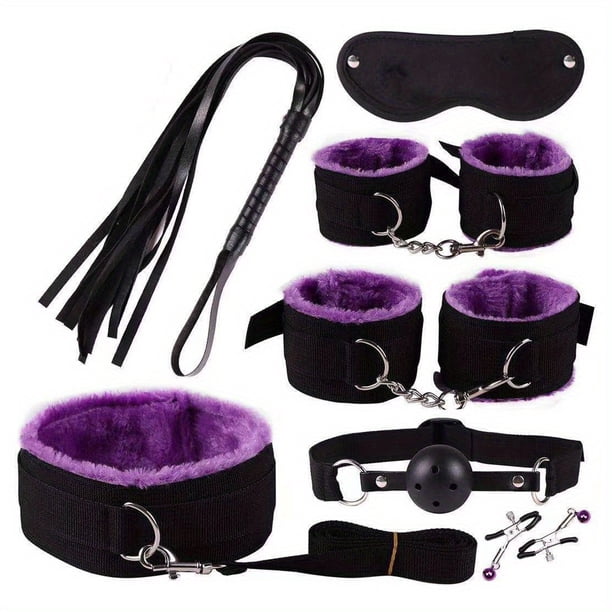 7pcs Beginner-Friendly BDSM Restraint Set with Ball Gag, Handcuffs, Ankle Cuffs, Blindfold, Collar, Nipple Clips, and Whip - Perfect for Couples and Adults for Intimate Play and Pleasure