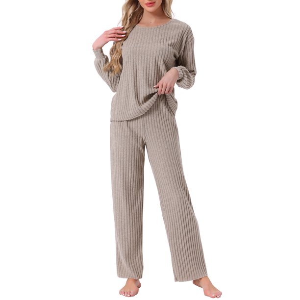 INSPIRE CHIC Conjuntos de pijamas de punto acanalado para mujer 2 piezas, parte superior de manga larga y pantalones, ropa de dormir, pijamas, ropa de estar en casa M Camel