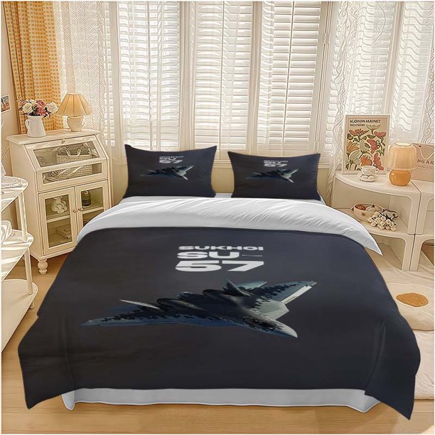 3pcs Russian Su-57 Stealth Fighter High-Altitude Flight Themed Bedding Set Duvet Cover and Pillowcase Set Soft and Comfortable