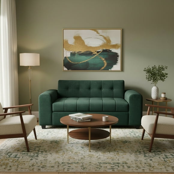 Sofa Dos Cuerpos Brazo Redondo Felpa Verde Oscuro