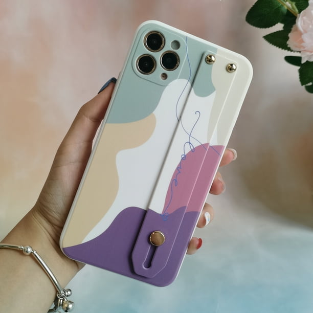 Morandi Contrast Pattern TPU Material Phone Protective Case (with Wrist Strap Can Be Used As Stand) For Apple iPhone 14 13 12 11 XS XR X 7 8 Mini Plus Pro Max SE 2020/2022