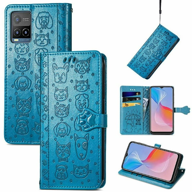 Funda Cartera FOXDOCK para VIVO Y21S , Flip PU con Relieve de Gatos y Perros, Tarjetero y Soporte