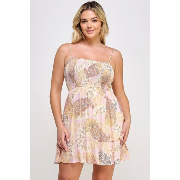 Saronite Vestido Corto de Rayón con Volantes, Tirantes Ajustables y Estampado Floral de Cachemira, Rosa (Talla Grande para Mujer)