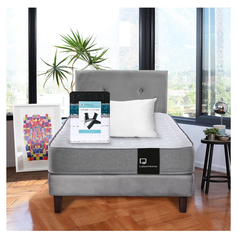 Latam Home - Combo Cama Best 1 Plaza Colchon Resortes 190 Cm + Sabana Cannon + Almohada + Respaldo Tela Gris
