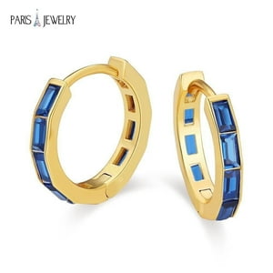 Aros Paris Jewelry 18K Yellow Gold Created Blue Sapphire 3Ct Emerald Cut Hoop