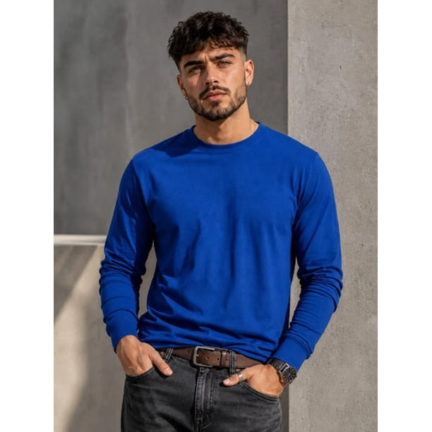 Polera Manga Larga Cuello Redondo 100% Algodón Para Estampar Azul Rey L Lisa