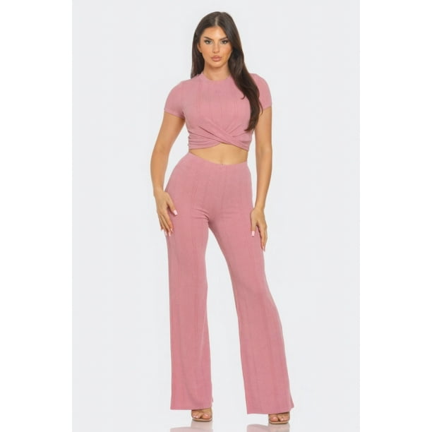 Conjunto De Top De Manga Corta Y Pantalón Largo Acampanado Con Cuello Redondo Detalle Torcido Y Canalé Jaspeado Color Malva (para Mujer)