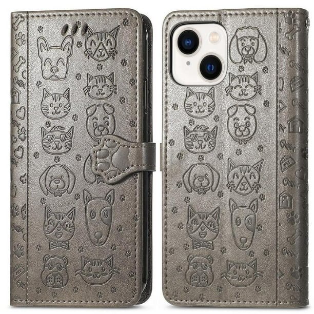 Funda Cartera FOXDOCK para iPhone 14 , Flip PU con Relieve de Gatos y Perros, Tarjetero y Soporte