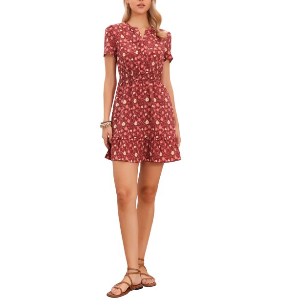 INSPIRE CHIC Vestido Floral para Mujer con Cuello en V, Cintura Fruncida, por Encima de la Rodilla, Vestido con Capas L Rojo Oscuro