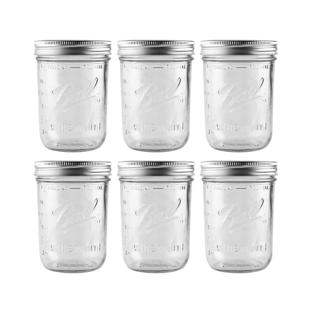 Ball - Bolas De Cristal Mason Jars De 480 Ml, Boca Ancha, 6 Unidades Con Tapas Herméticas