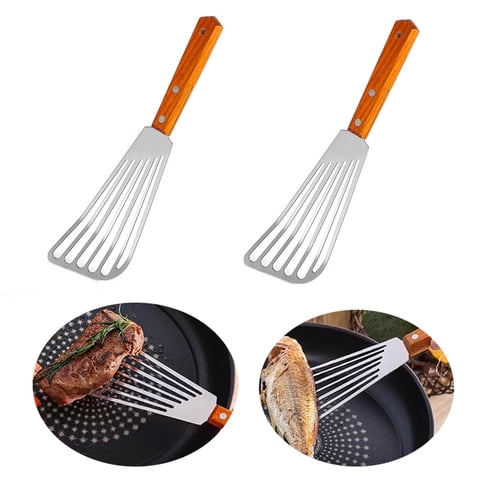 Xusx111 - Conjunto De 2, Tornero De Espátula Ranurada De Acero Inoxidable Con Mango De Madera Remachado, Espátulas De Metal Profesionales Ideal Para Cocina Voltar Frición Y Parrilla