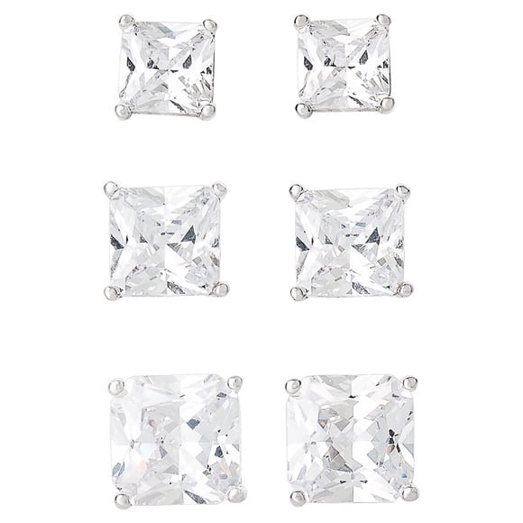 Aros Believe Plateados de Circonia Cúbica Cuadrados, Set de 3
