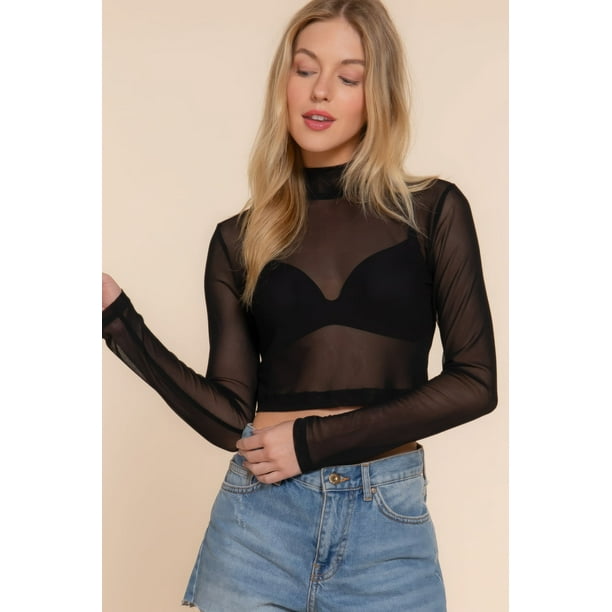 Saronite Top Corto Casual de Manga Larga con Cuello Alto, Encaje, Malla, Corte Elástico, Negro (para Mujer)