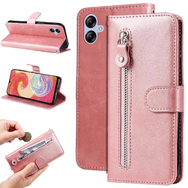 Funda tipo cartera para Samsung Galaxy A04E 4G con bolsillo con cremallera y ranuras para tarjetas – Función de soporte Rosa