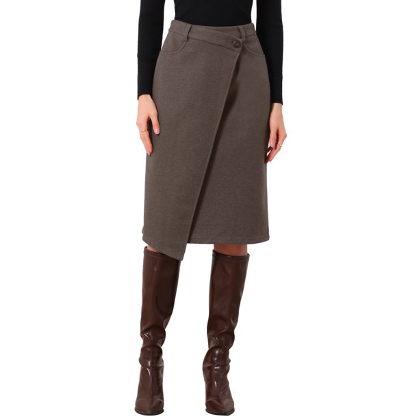 INSPIRE CHIC Falda de trabajo asimétrica para mujeres de cintura alta, falda midi de oficina, L marrón